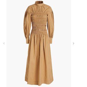 GANNI Gathered cotton and linen-blend poplin midi dress